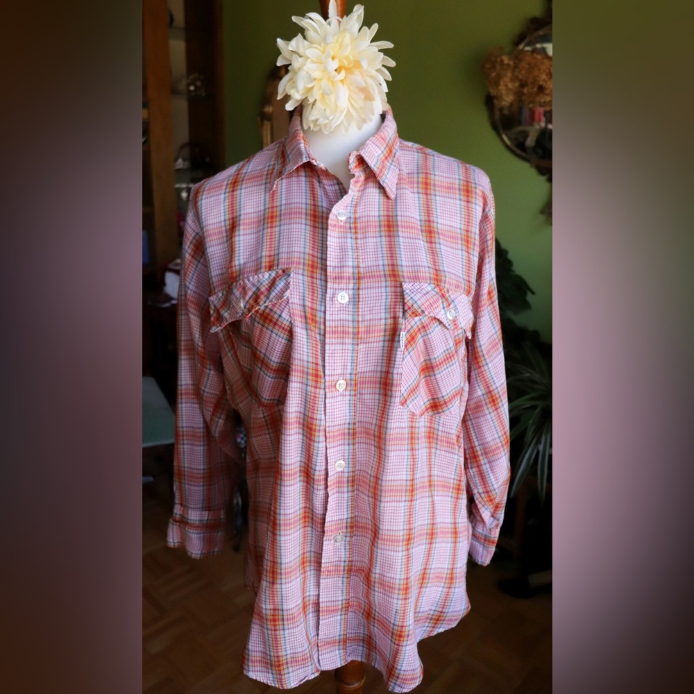 Vintage Levi’s 1970's Red & Orange Plaid Western Style Button Down Shirt
